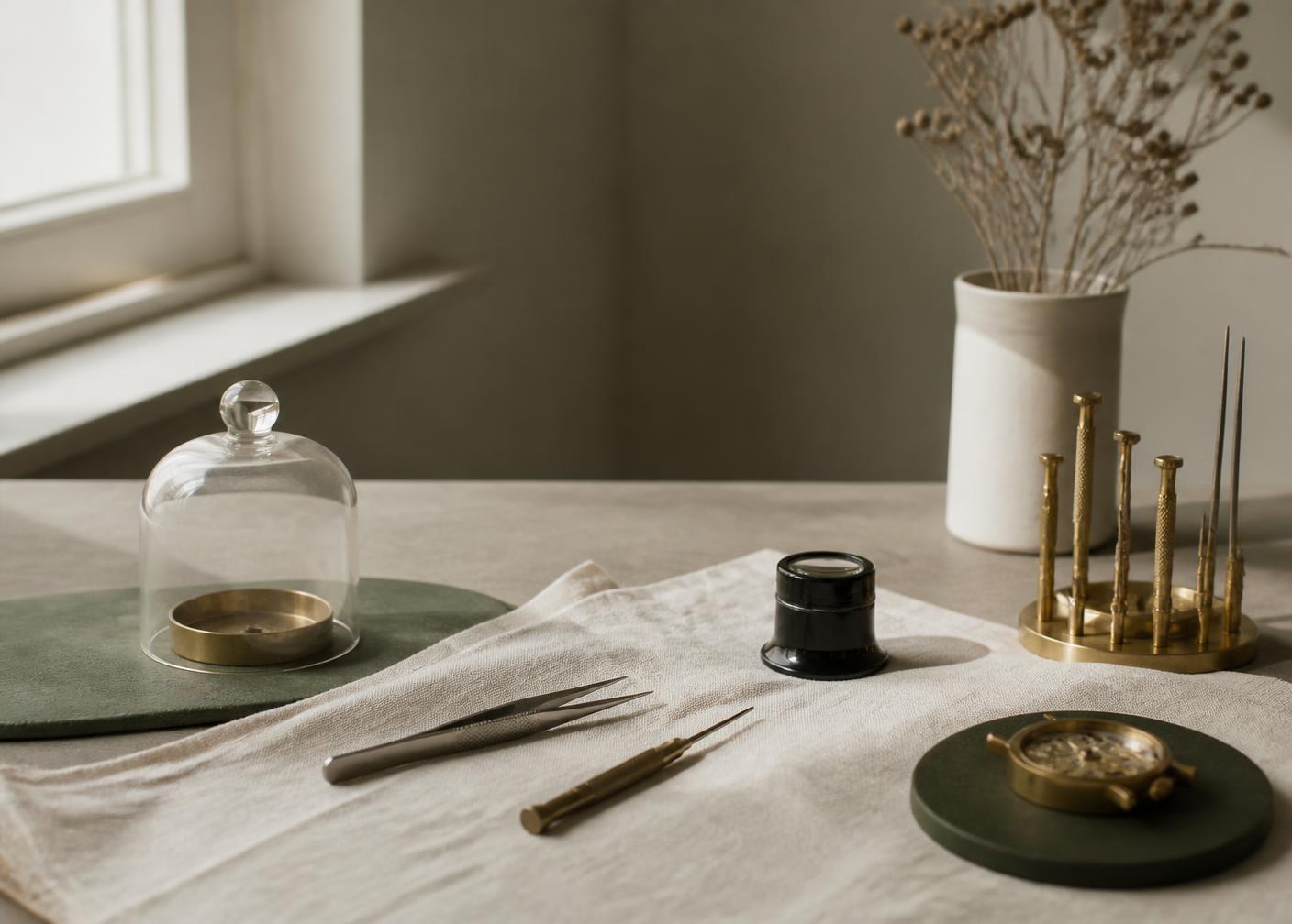 Établi horloger, loupe et outils sous lumière naturelle